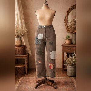 POL Patchwork Distressed Wide Leg Pants Boho Vintage Style Size L